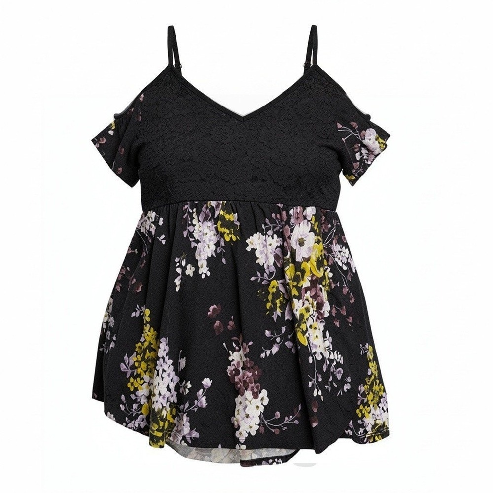Cold Shoulder Lace Floral Babydoll Top Black Womens Size 1X